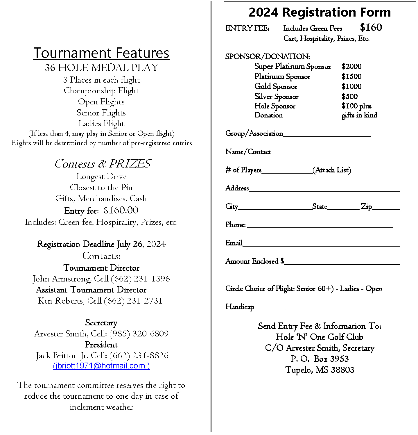 Registration Hole In One Golf Tournament