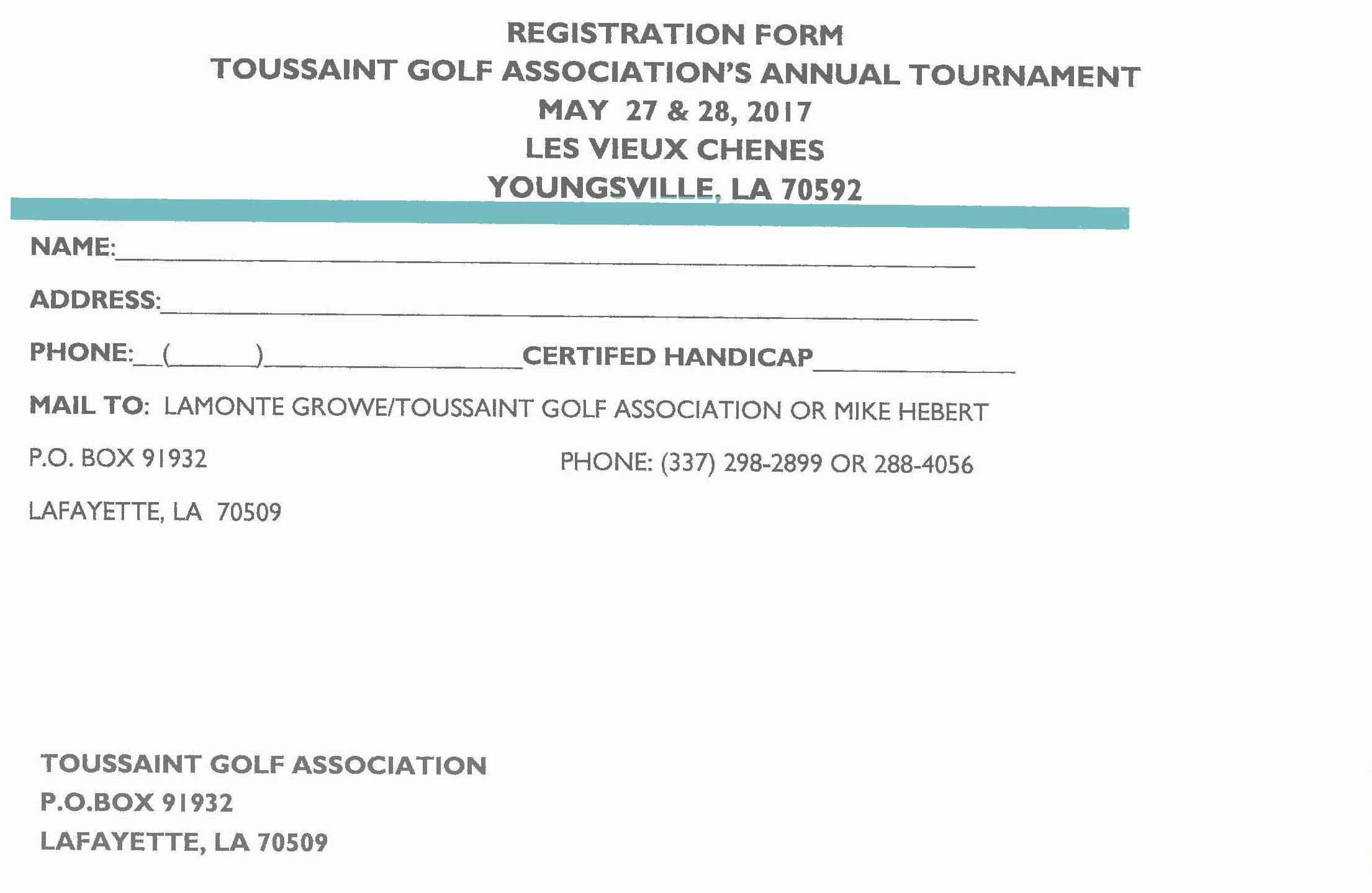 Toussaint Golf Tournament Registration Form